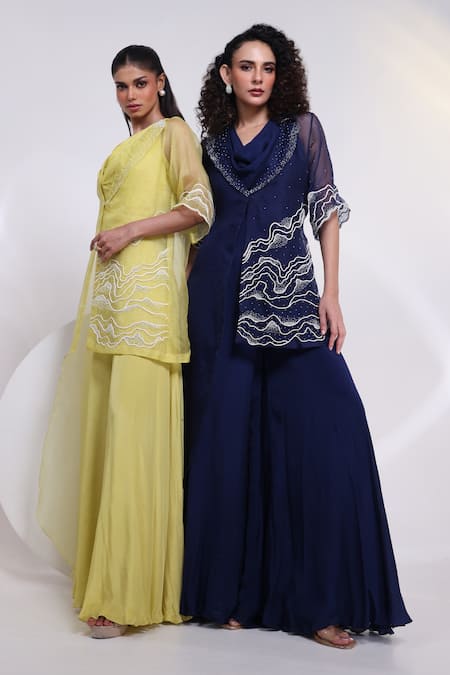 Smriti By Anju Agarwal_Blue Chinon, Organza Beads Cowl , Open Dori Wave Jumpsuit With Jacket _Online_at_Aza_Fashions