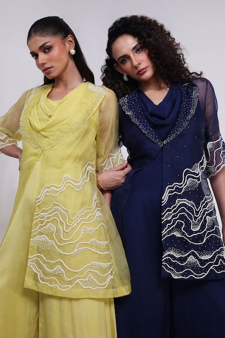 Buy_Smriti By Anju Agarwal_Blue Chinon, Organza Beads Cowl , Open Dori Wave Jumpsuit With Jacket _Online_at_Aza_Fashions