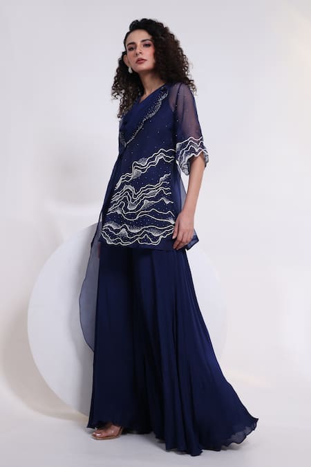 Shop_Smriti By Anju Agarwal_Blue Chinon, Organza Beads Cowl , Open Dori Wave Jumpsuit With Jacket _Online_at_Aza_Fashions