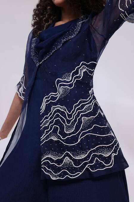 Smriti By Anju Agarwal_Blue Chinon, Organza Beads Cowl , Open Dori Wave Jumpsuit With Jacket _at_Aza_Fashions
