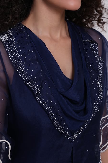 Buy_Smriti By Anju Agarwal_Blue Chinon, Organza Beads Cowl , Open Dori Wave Jumpsuit With Jacket 