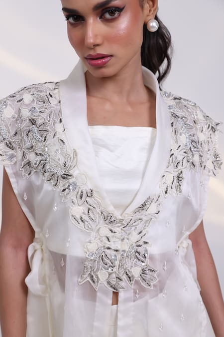 Shop Smriti By Anju Agarwal White Silk, Organza Crystals, Embroidery Bandeau Neck, Glint Jacket And Pant Set Online at Aza Fashions Shop_Smriti By Anju Agarwal_White Silk, Organza Crystals, Embroidery Bandeau Neck, Glint Jacket And Pant Set _Online_at_Aza_Fashions