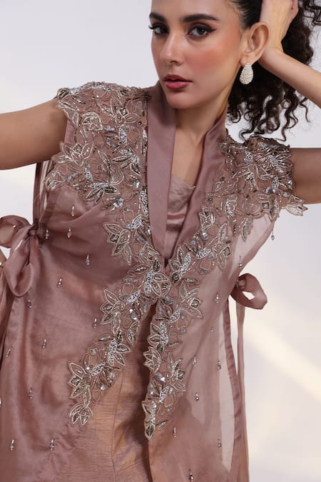 Smriti By Anju Agarwal_Brown Silk, Organza Embroidery, Crystals V-neck Glint Jacket And Pant Set _Online_at_Aza_Fashions