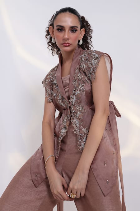 Buy_Smriti By Anju Agarwal_Brown Silk, Organza Embroidery, Crystals V-neck Glint Jacket And Pant Set 