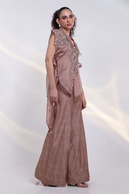 Shop_Smriti By Anju Agarwal_Brown Silk, Organza Embroidery, Crystals V-neck Glint Jacket And Pant Set 