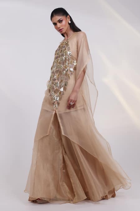 Smriti By Anju Agarwal_Gold Organza, Tissue Embroidery, Crystals, Sequins Auric Kaftan Palazzo Set _Online_at_Aza_Fashions