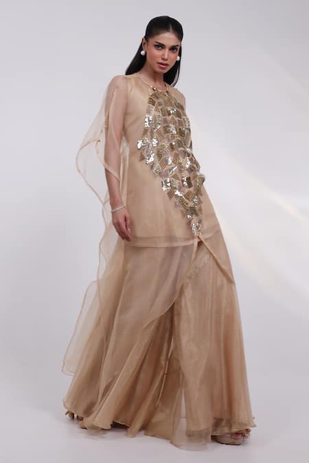 Buy_Smriti By Anju Agarwal_Gold Organza, Tissue Embroidery, Crystals, Sequins Auric Kaftan Palazzo Set _Online_at_Aza_Fashions
