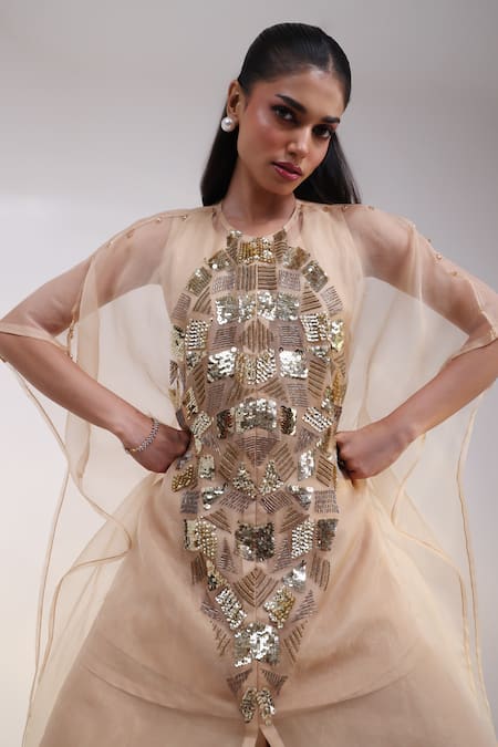 Shop_Smriti By Anju Agarwal_Gold Organza, Tissue Embroidery, Crystals, Sequins Auric Kaftan Palazzo Set _Online_at_Aza_Fashions