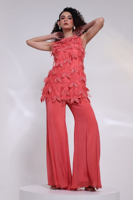 Smriti By Anju Agarwal Terra Leaf Top & Wide Legged Trouser Set 