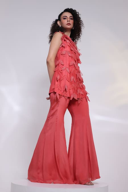 Buy_Smriti By Anju Agarwal_Orange Silk, Chinon Applique Round Neck Terra Leaf Top And Wide Legged Trouser Set _Online_at_Aza_Fashions