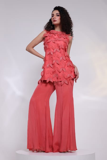 Shop_Smriti By Anju Agarwal_Orange Silk, Chinon Applique Round Neck Terra Leaf Top And Wide Legged Trouser Set _Online_at_Aza_Fashions