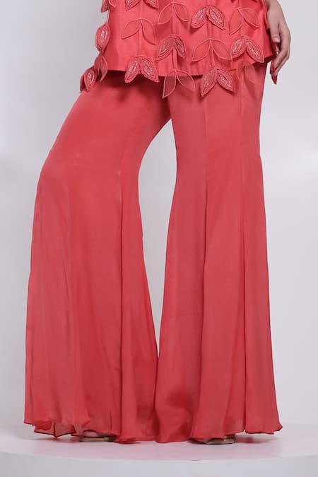 Smriti By Anju Agarwal_Orange Silk, Chinon Applique Round Neck Terra Leaf Top And Wide Legged Trouser Set _at_Aza_Fashions