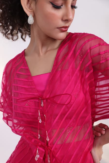 Shop Smriti By Anju Agarwal Pink Silk, Organza Crystals, Tassels Synora Sheer Overlay And Trouser Set Shop_Smriti By Anju Agarwal_Pink Silk, Organza Crystals, Tassels Synora Sheer Overlay And Trouser Set