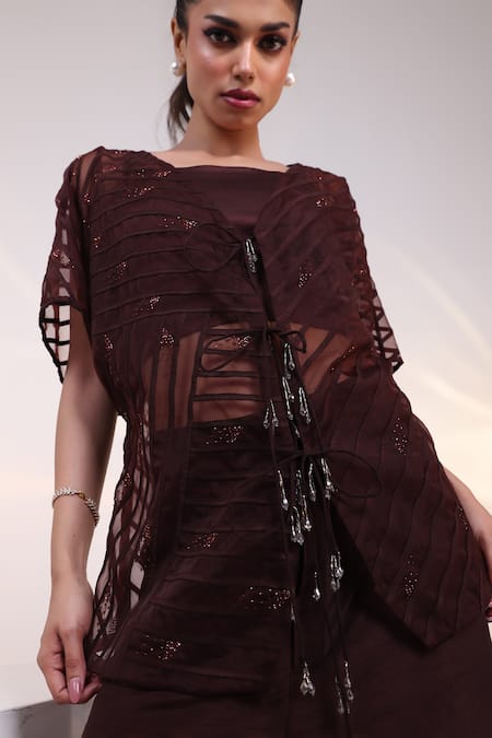 Buy_Smriti By Anju Agarwal_Brown Silk, Organza Tassels, Crystals Synora Sheer Overlay And Trouser Set _Online_at_Aza_Fashions