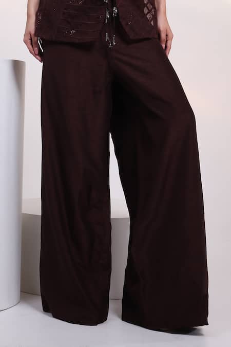 Shop_Smriti By Anju Agarwal_Brown Silk, Organza Tassels, Crystals Synora Sheer Overlay And Trouser Set _Online_at_Aza_Fashions