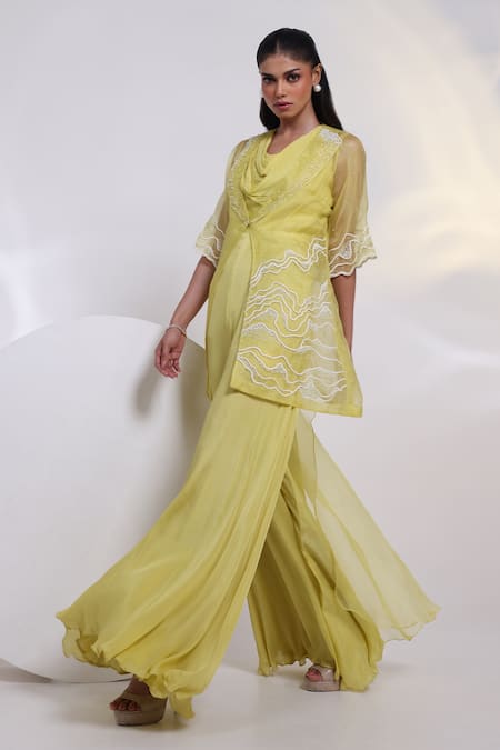 Shop_Smriti By Anju Agarwal_Yellow Chinon, Organza Beads, Embroidery Cowl Dori Wave Jumpsuit With Jacket _Online_at_Aza_Fashions