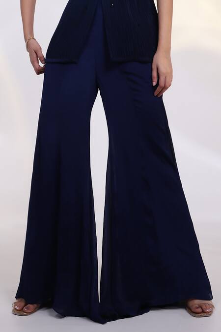 Smriti By Anju Agarwal_Blue Chinon, Silk Beads, Crystals Stellar Corded Pleat Fall Jacket And Pant Set _Online_at_Aza_Fashions