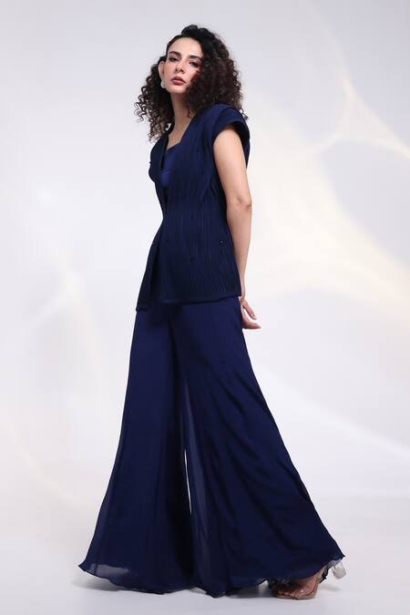 Buy_Smriti By Anju Agarwal_Blue Chinon, Silk Beads, Crystals Stellar Corded Pleat Fall Jacket And Pant Set _Online_at_Aza_Fashions