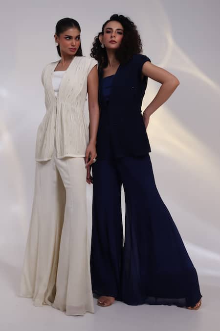 Shop_Smriti By Anju Agarwal_Blue Chinon, Silk Beads, Crystals Stellar Corded Pleat Fall Jacket And Pant Set _Online_at_Aza_Fashions