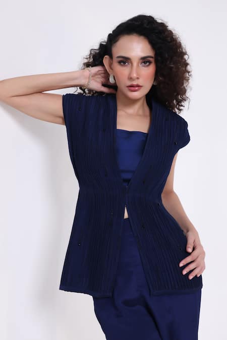 Smriti By Anju Agarwal_Blue Chinon, Silk Beads, Crystals Stellar Corded Pleat Fall Jacket And Pant Set _at_Aza_Fashions