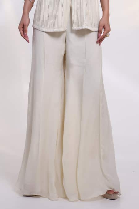 Smriti By Anju Agarwal_Off White Chinon, Silk Beads Bandeau Stellar Corded Pleat Fall Jacket And Pant Set _Online_at_Aza_Fashions