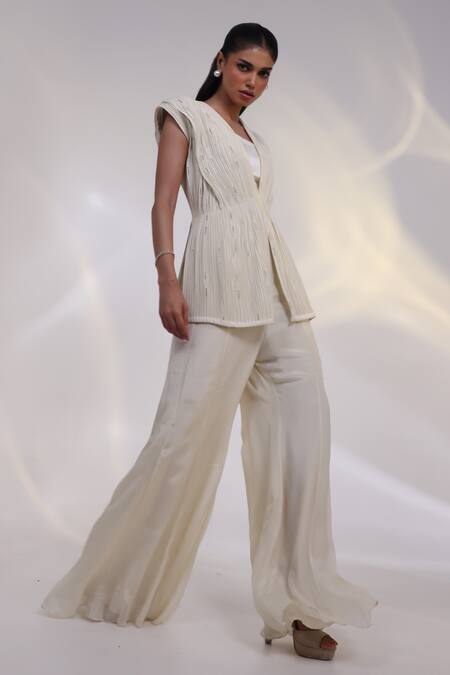 Shop_Smriti By Anju Agarwal_Off White Chinon, Silk Beads Bandeau Stellar Corded Pleat Fall Jacket And Pant Set _Online_at_Aza_Fashions
