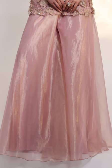 Smriti By Anju Agarwal_Pink Tissue, Silk Embroidery, Sequins, Applique, Flora Eclat Jacket Sharara Set _Online_at_Aza_Fashions