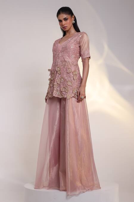Buy_Smriti By Anju Agarwal_Pink Tissue, Silk Embroidery, Sequins, Applique, Flora Eclat Jacket Sharara Set _Online_at_Aza_Fashions