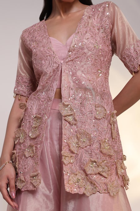 Shop_Smriti By Anju Agarwal_Pink Tissue, Silk Embroidery, Sequins, Applique, Flora Eclat Jacket Sharara Set _Online_at_Aza_Fashions