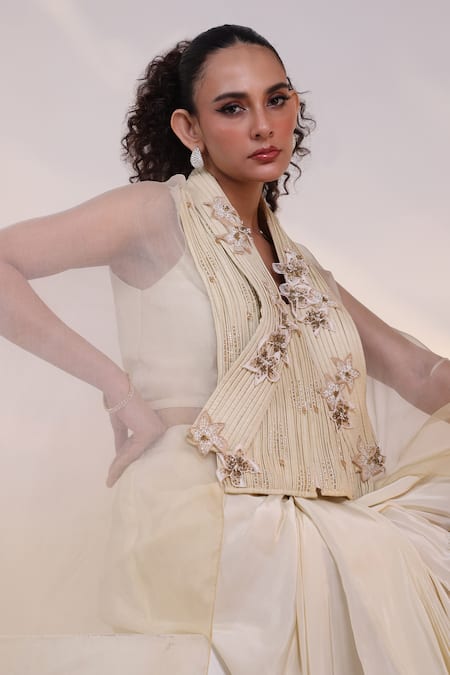 Smriti By Anju Agarwal Off White Crepe, Silk Crystals, Elysian Structured Jacket And Draped Skirt Set Online at Aza Fashions Smriti By Anju Agarwal_Off White Crepe, Silk Crystals, Elysian Structured Jacket And Draped Skirt Set _Online_at_Aza_Fashions