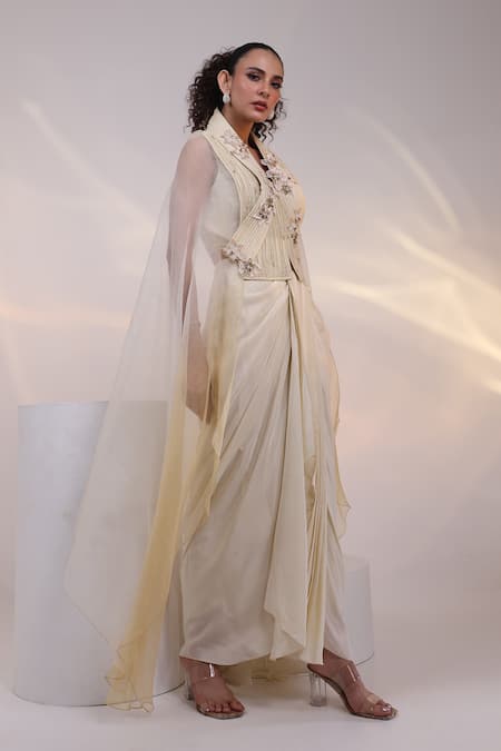 Buy Smriti By Anju Agarwal Off White Crepe, Silk Crystals, Elysian Structured Jacket And Draped Skirt Set Online at Aza Fashions Buy_Smriti By Anju Agarwal_Off White Crepe, Silk Crystals, Elysian Structured Jacket And Draped Skirt Set _Online_at_Aza_Fashions