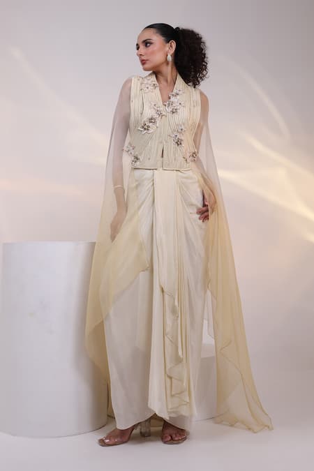 Smriti By Anju Agarwal Off White Crepe, Silk Crystals, Elysian Structured Jacket And Draped Skirt Set at Aza Fashions Smriti By Anju Agarwal_Off White Crepe, Silk Crystals, Elysian Structured Jacket And Draped Skirt Set _at_Aza_Fashions