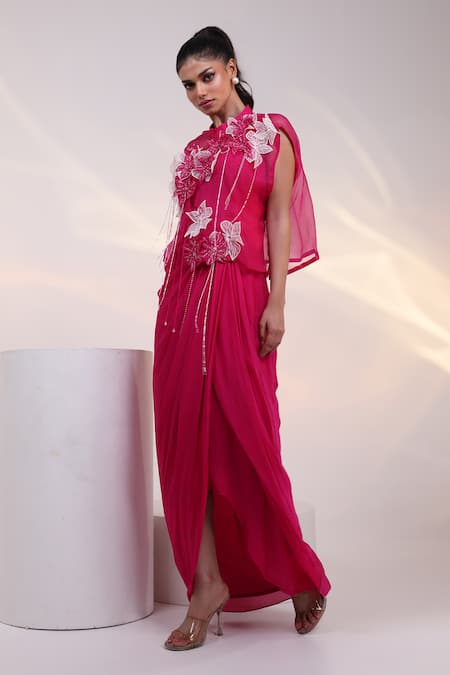 Smriti By Anju Agarwal_Pink Chinon Applique, Beads Round Neck, Collared Petal Strings Gown With Cape _Online_at_Aza_Fashions