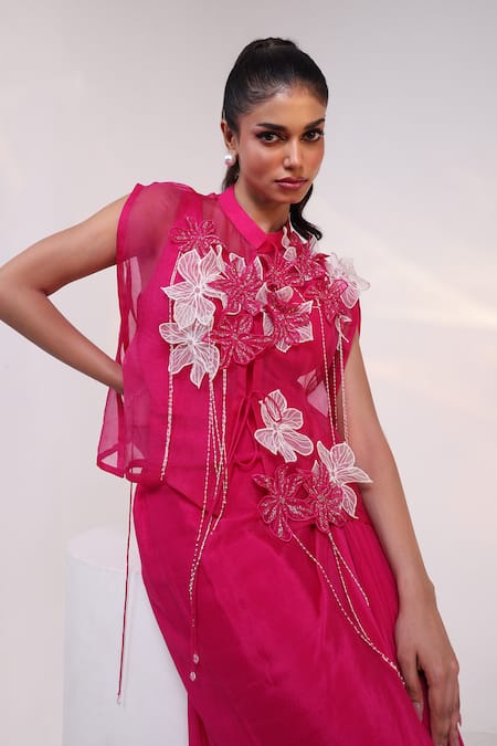 Buy_Smriti By Anju Agarwal_Pink Chinon Applique, Beads Round Neck, Collared Petal Strings Gown With Cape _Online_at_Aza_Fashions
