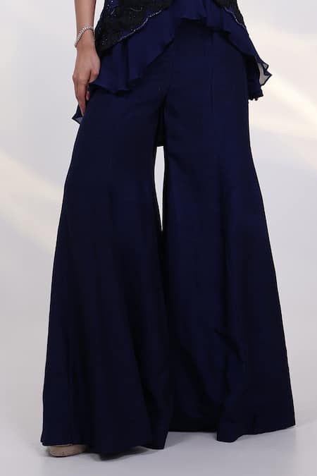 Smriti By Anju Agarwal_Blue Chinon, Silk, Organza Applique, Velour Charm Embroidered Jacket Sharara Set _Online_at_Aza_Fashions