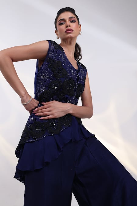 Shop_Smriti By Anju Agarwal_Blue Chinon, Silk, Organza Applique, Velour Charm Embroidered Jacket Sharara Set _Online_at_Aza_Fashions