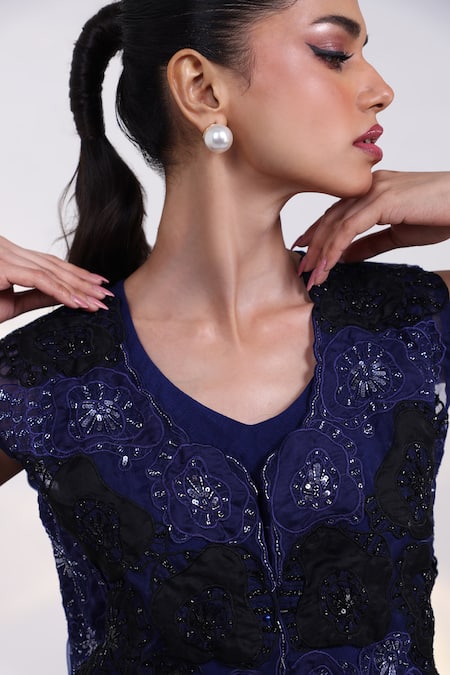 Smriti By Anju Agarwal_Blue Chinon, Silk, Organza Applique, Velour Charm Embroidered Jacket Sharara Set _at_Aza_Fashions