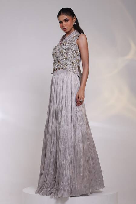Smriti By Anju Agarwal_Grey Tissue, Silk Embroidery, Sequins Solara Floral Top And Pleated Skirt Set _Online_at_Aza_Fashions