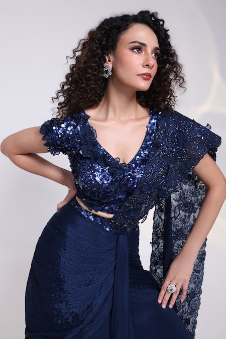 Smriti By Anju Agarwal_Blue Chinon, Organza, Silk Lace, Navy Embellished Pre-draped Saree With Blouse _Online_at_Aza_Fashions