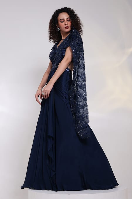 Buy_Smriti By Anju Agarwal_Blue Chinon, Organza, Silk Lace, Navy Embellished Pre-draped Saree With Blouse _Online_at_Aza_Fashions
