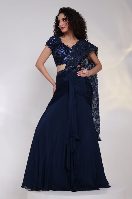 Shop_Smriti By Anju Agarwal_Blue Chinon, Organza, Silk Lace, Navy Embellished Pre-draped Saree With Blouse _Online_at_Aza_Fashions