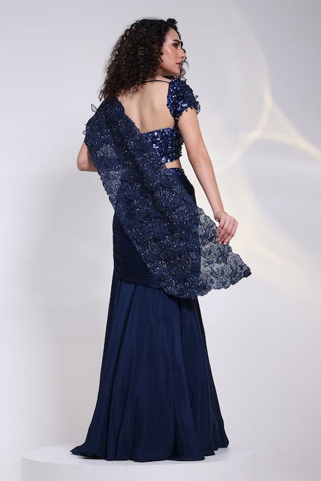 Smriti By Anju Agarwal Navy Embellished Pre-Draped Saree With Blouse 