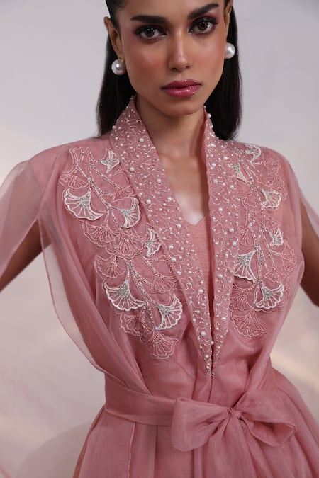 Smriti By Anju Agarwal_Pink Silk Beads, Applique V-, Open Nyra Work Cape And Kurta Set _Online_at_Aza_Fashions
