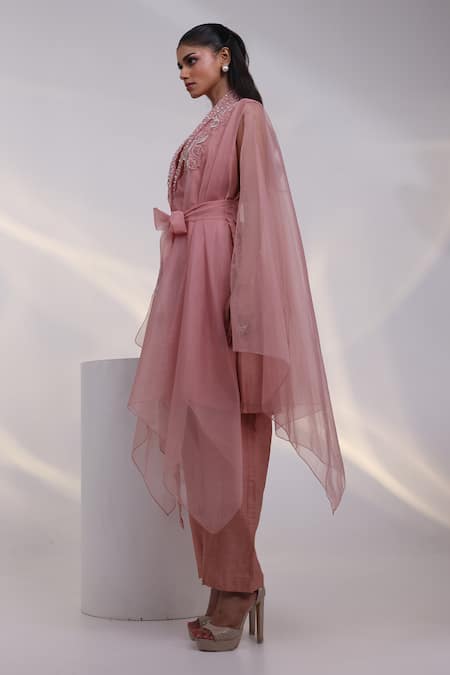 Buy_Smriti By Anju Agarwal_Pink Silk Beads, Applique V-, Open Nyra Work Cape And Kurta Set _Online_at_Aza_Fashions
