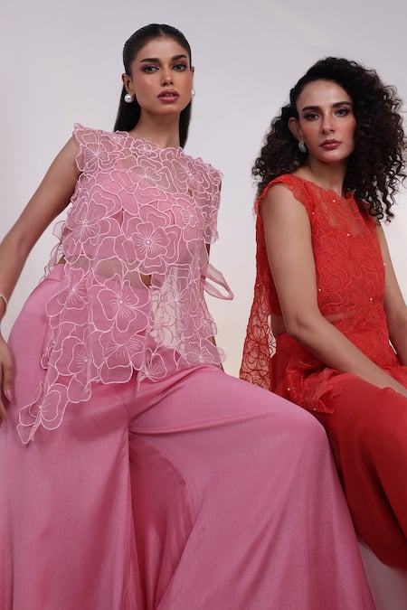 Buy_Smriti By Anju Agarwal_Orange Crepe, Chinon Round Neck Petal Whisper Cape Sharara Set _Online_at_Aza_Fashions