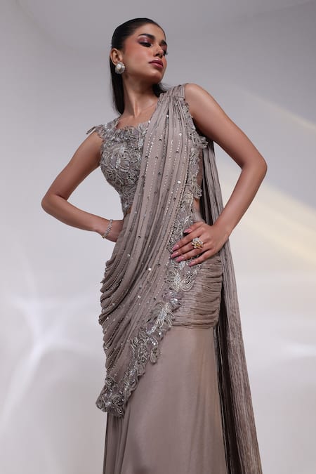 Smriti By Anju Agarwal_Grey Chinon, Silk Applique, Beads, Ash Grace Pre-draped Saree With Blouse _Online_at_Aza_Fashions