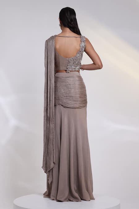 Smriti By Anju Agarwal Ash Grace Pre-Draped Saree With Blouse 