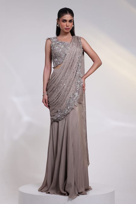 Smriti By Anju Agarwal Ash Grace Pre-Draped Saree With Blouse 