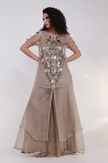 Smriti By Anju Agarwal_Grey Tissue, Organza Embroidery, Tassels Auric Geometric Kaftan Palazzo Set _Online_at_Aza_Fashions