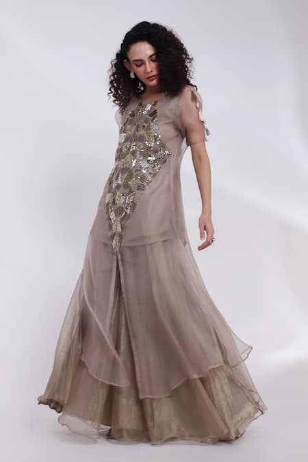 Buy_Smriti By Anju Agarwal_Grey Tissue, Organza Embroidery, Tassels Auric Geometric Kaftan Palazzo Set _Online_at_Aza_Fashions